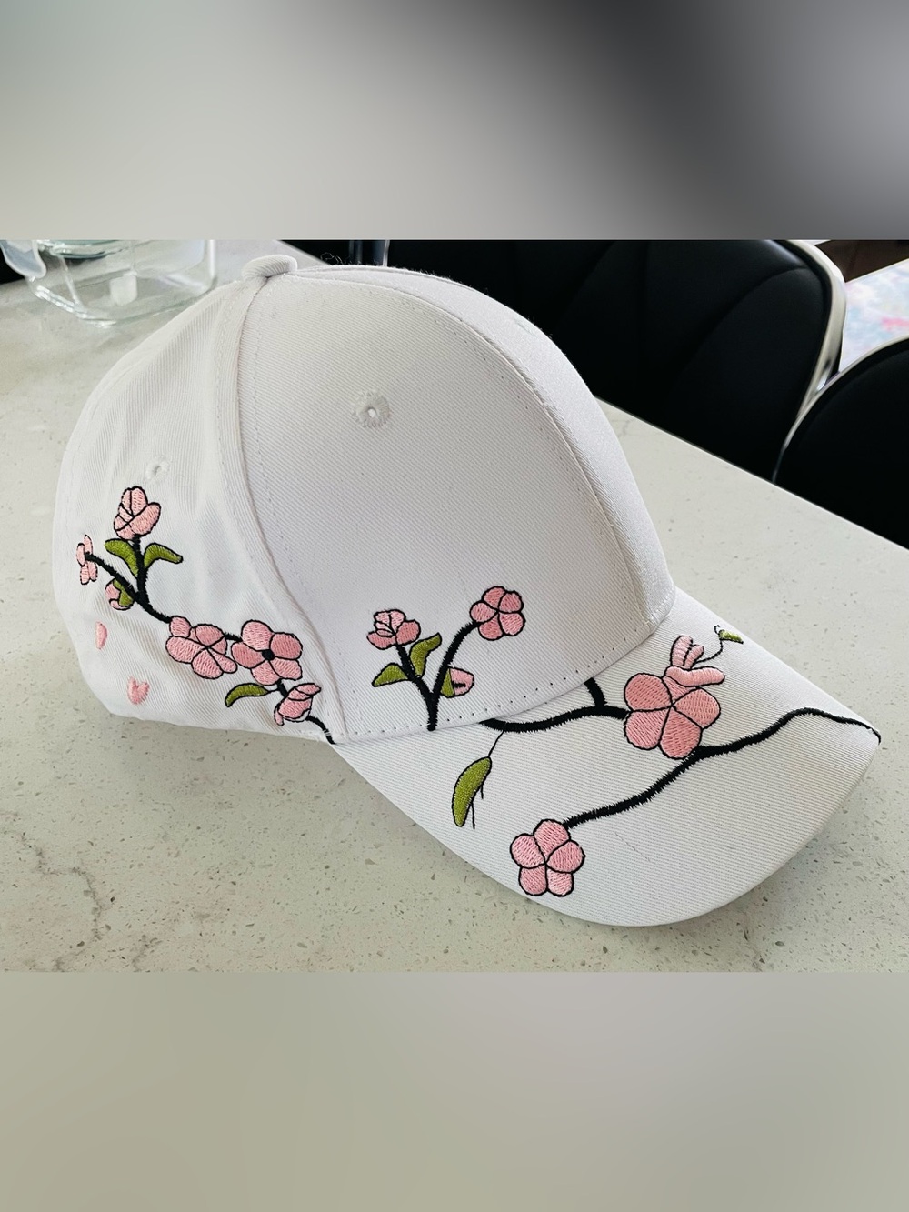 White Floral Embroidered Baseball Cap - Pink Blossoms
